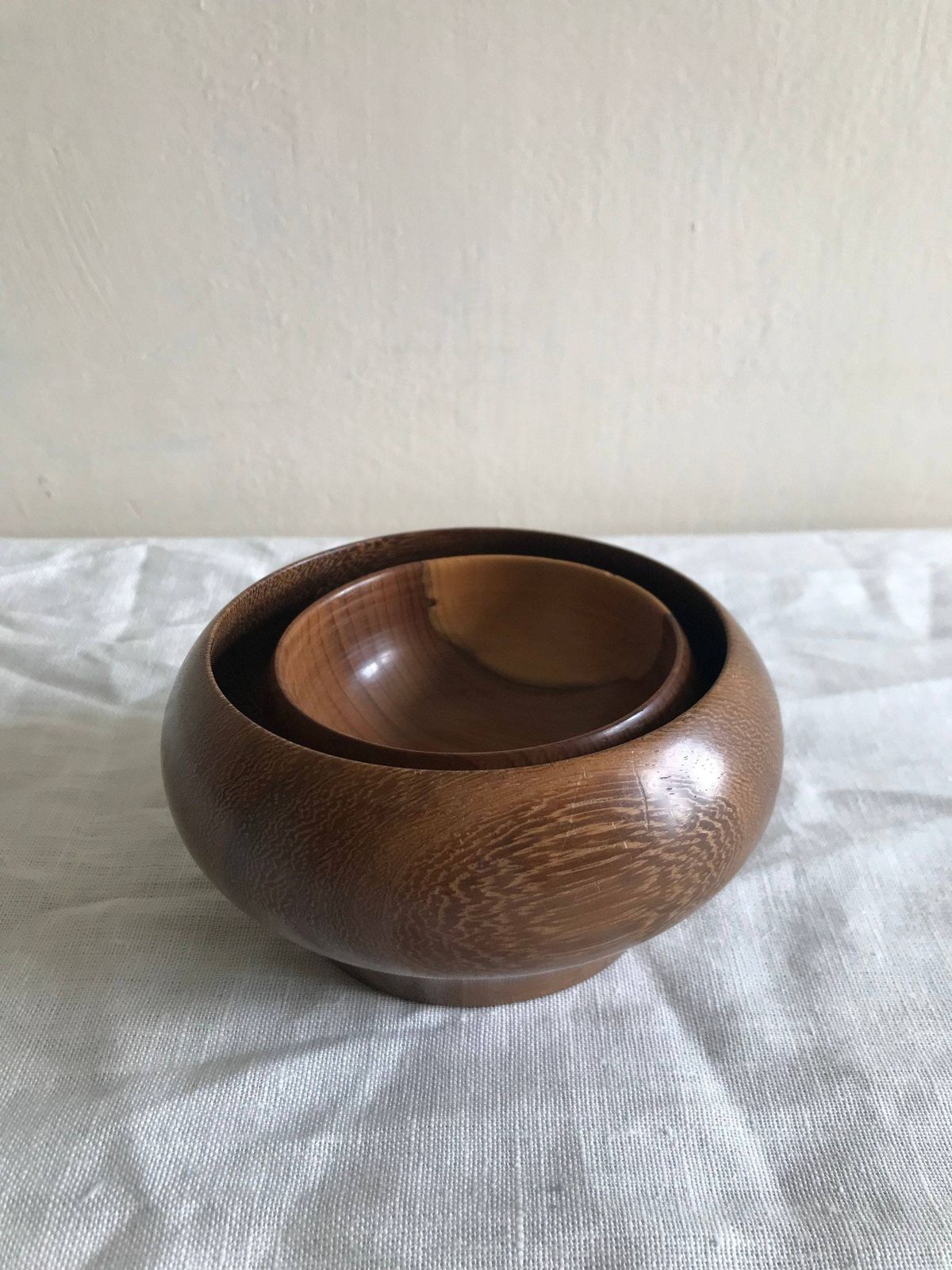 Handmade Wooden Bowls In Solid Yew, Set Of Two Vintage Nesting Dishes photo 140.0