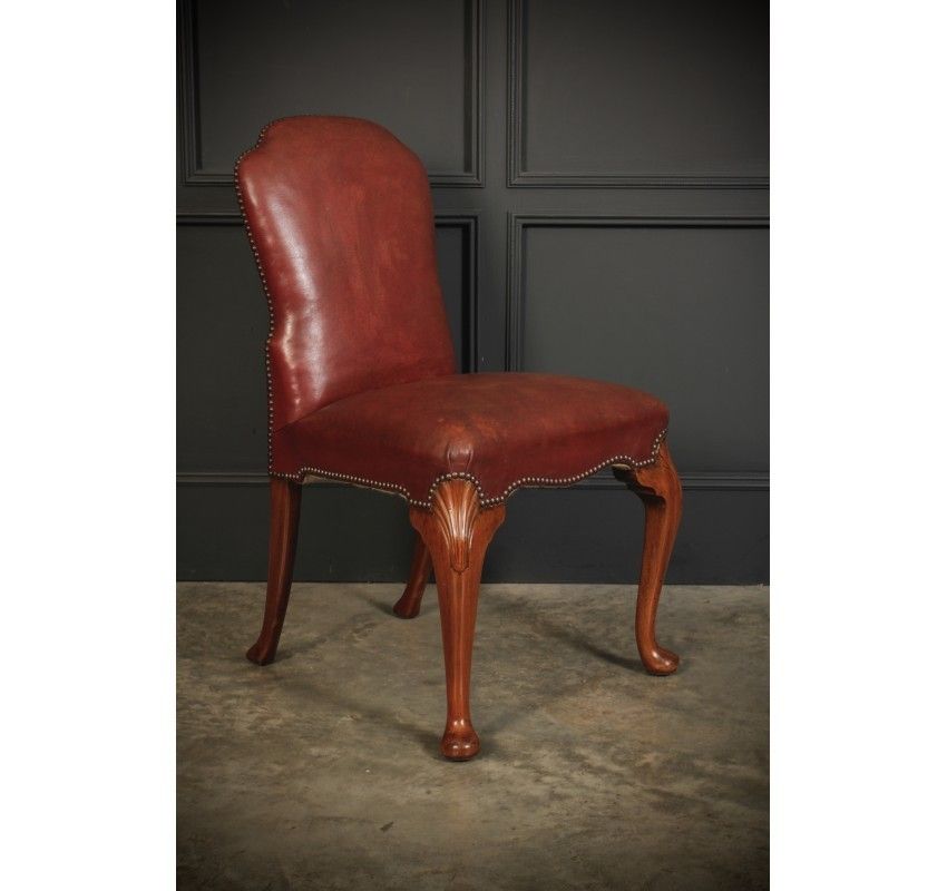 Pair Of Queen Anne Style Walnut & Leather Chairs photo for sale