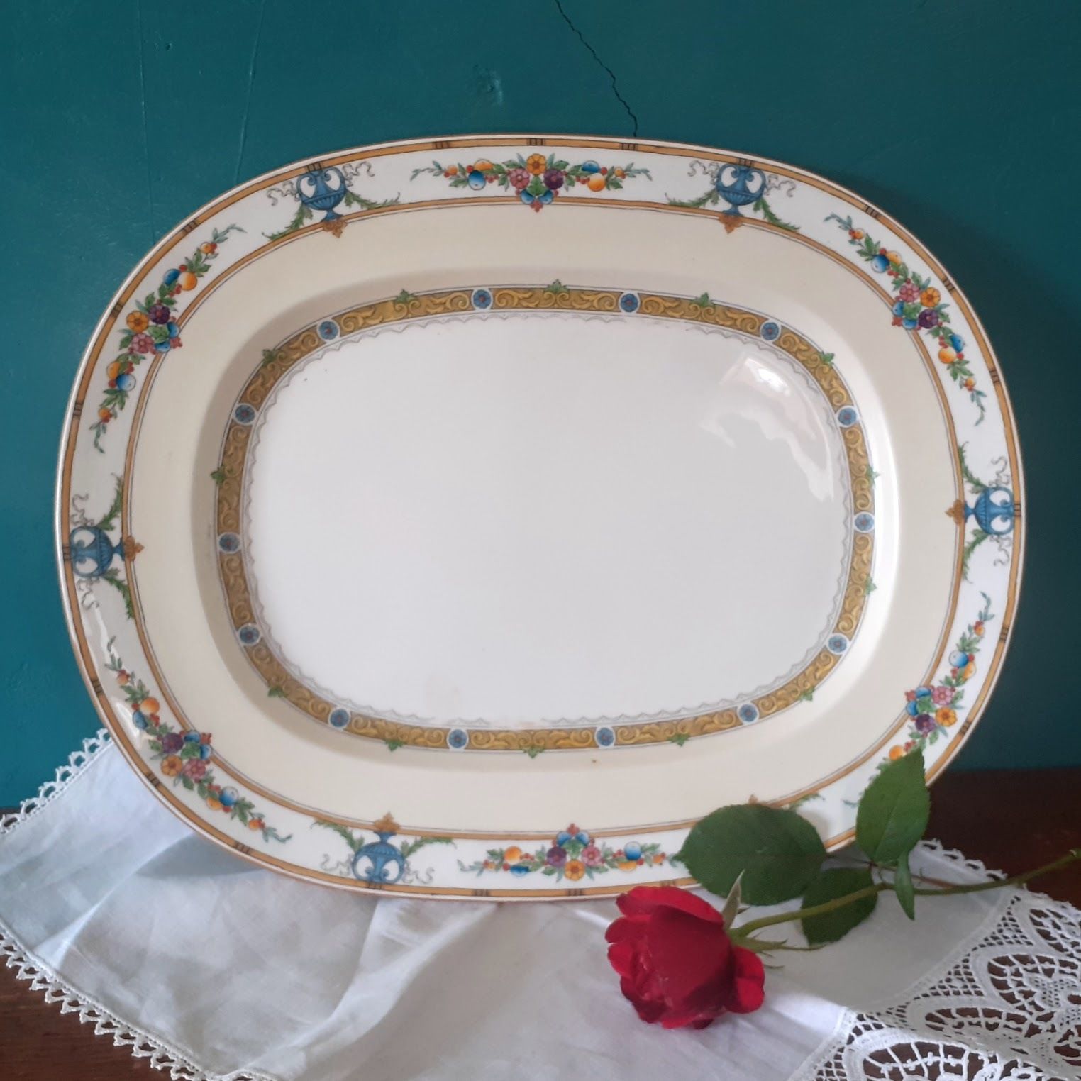 Antique Minton "Helena" Large (18.5") B1056 Platter   Yellow Bone China   Blue Urns And Flowers