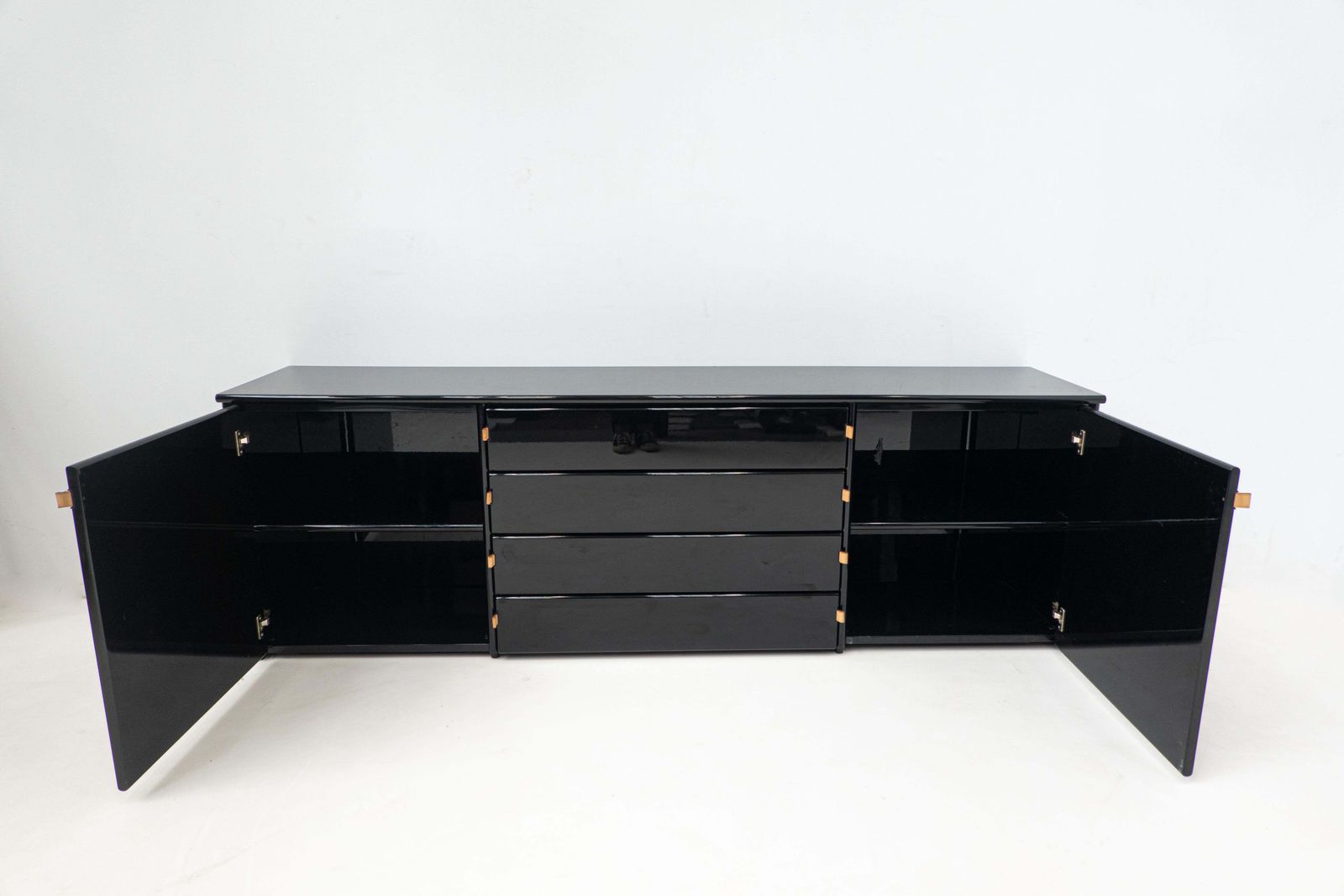 Mid Century Modern Black Sideboard, Leather Handles, Italy, 1960s photo vinterior