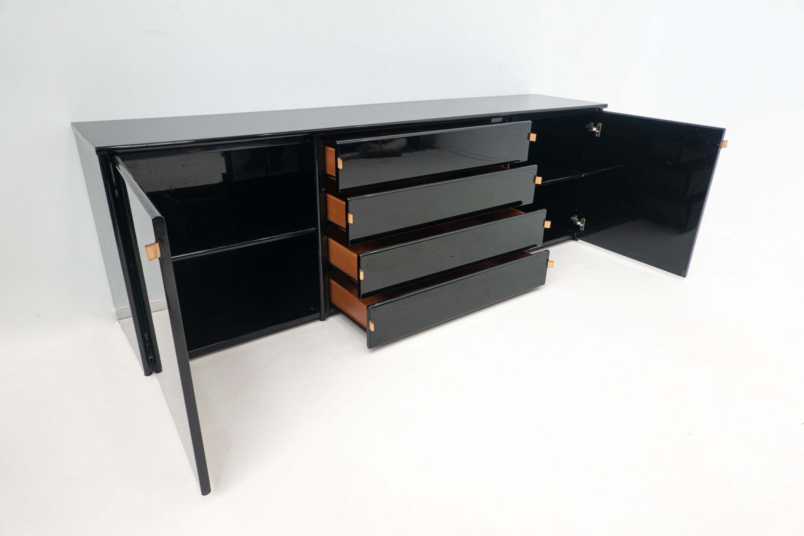 Mid Century Modern Black Sideboard, Leather Handles, Italy, 1960s photo buy