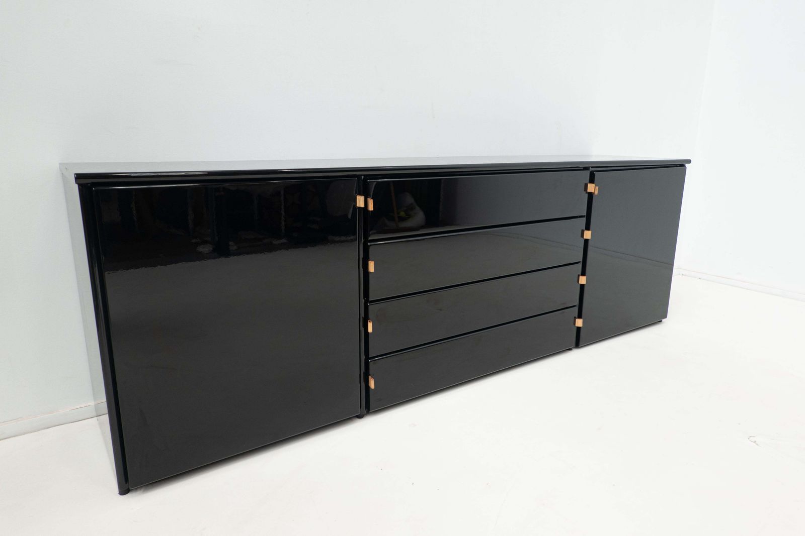photo furniture Mid Century Modern Black Sideboard, Leather Handles, Italy, 1960s