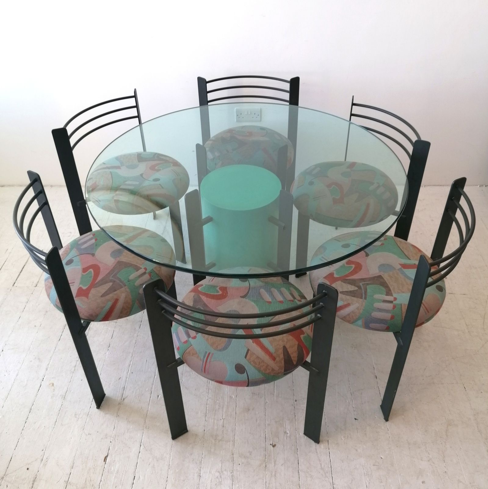 Memphis Milano Style Postmodern Powder Coated Steel, Plywood & Glass Dining Table With 6 Chairs, USA, 1980s photo buy