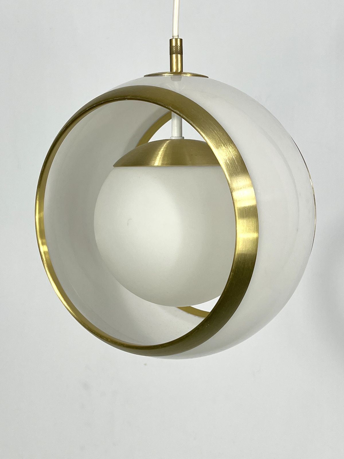 Stilux Milano, Gilded Aluminum, Opaline And Perspex Pendant. Italy 1960s