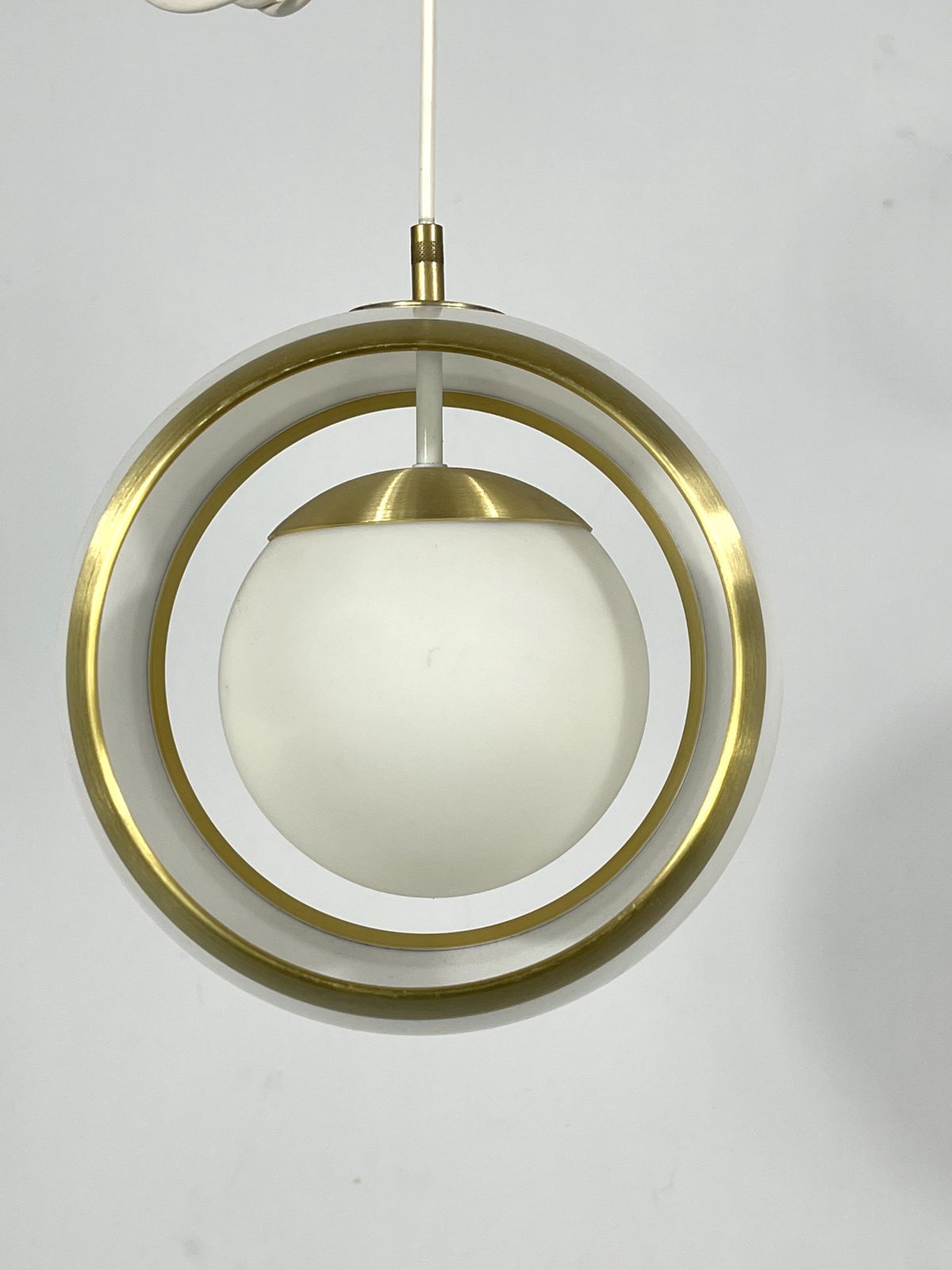 Stilux Milano, Gilded Aluminum, Opaline And Perspex Pendant. Italy 1960s photo for sale