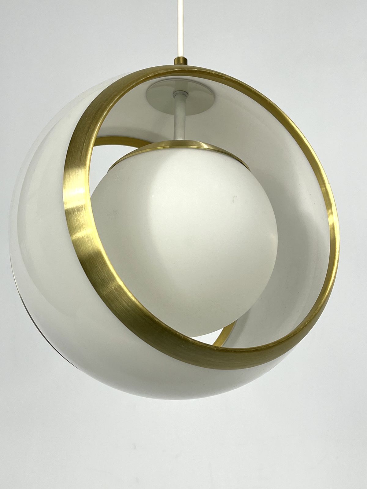 photo for sale Stilux Milano, Gilded Aluminum, Opaline And Perspex Pendant. Italy 1960s