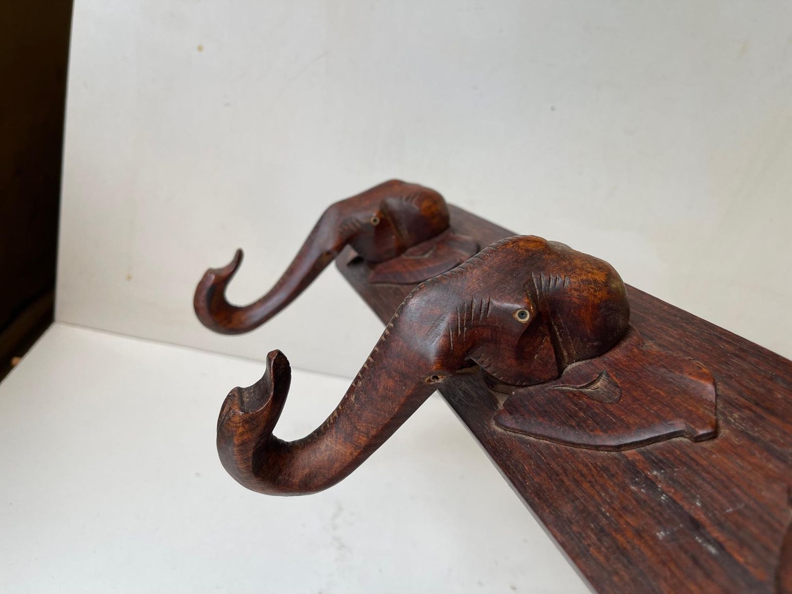 Hand Carved Elephant Coat Or Towel Rack In Dark Wood, 1930s photo Furniture