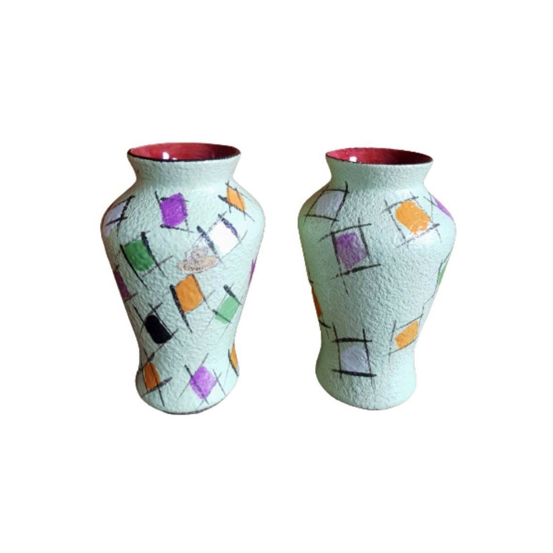 Set Of Two Vintage Fat Lava Hand Painted Ceramic Vases By Bay Keramik   West Germany   1960s