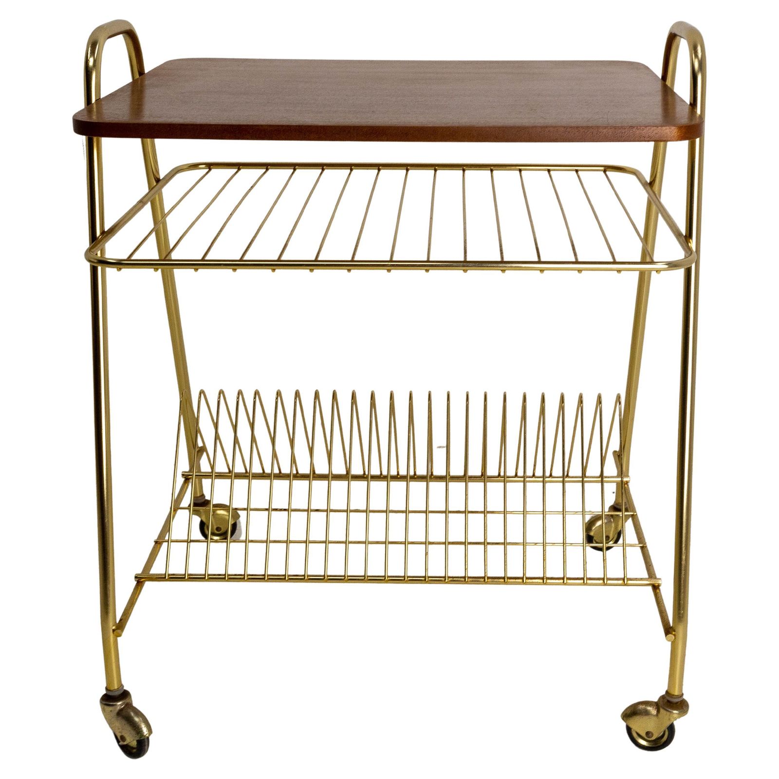Desserte console en iroko et chrome doré avec roulettes, 1960