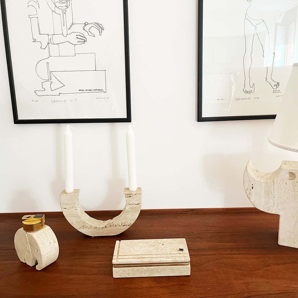 Triptych Candelabra, Lighter, Chest In Travertine F.Lli. Manelli 1970  Art photo furniture