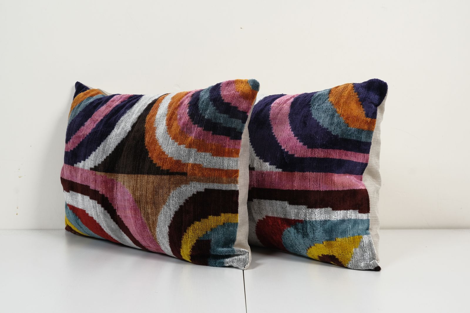 Pair Silk Ikat Velvet Pillow, Set Of Two Silk Ikat Lumbar Cushion Cover photo for sale