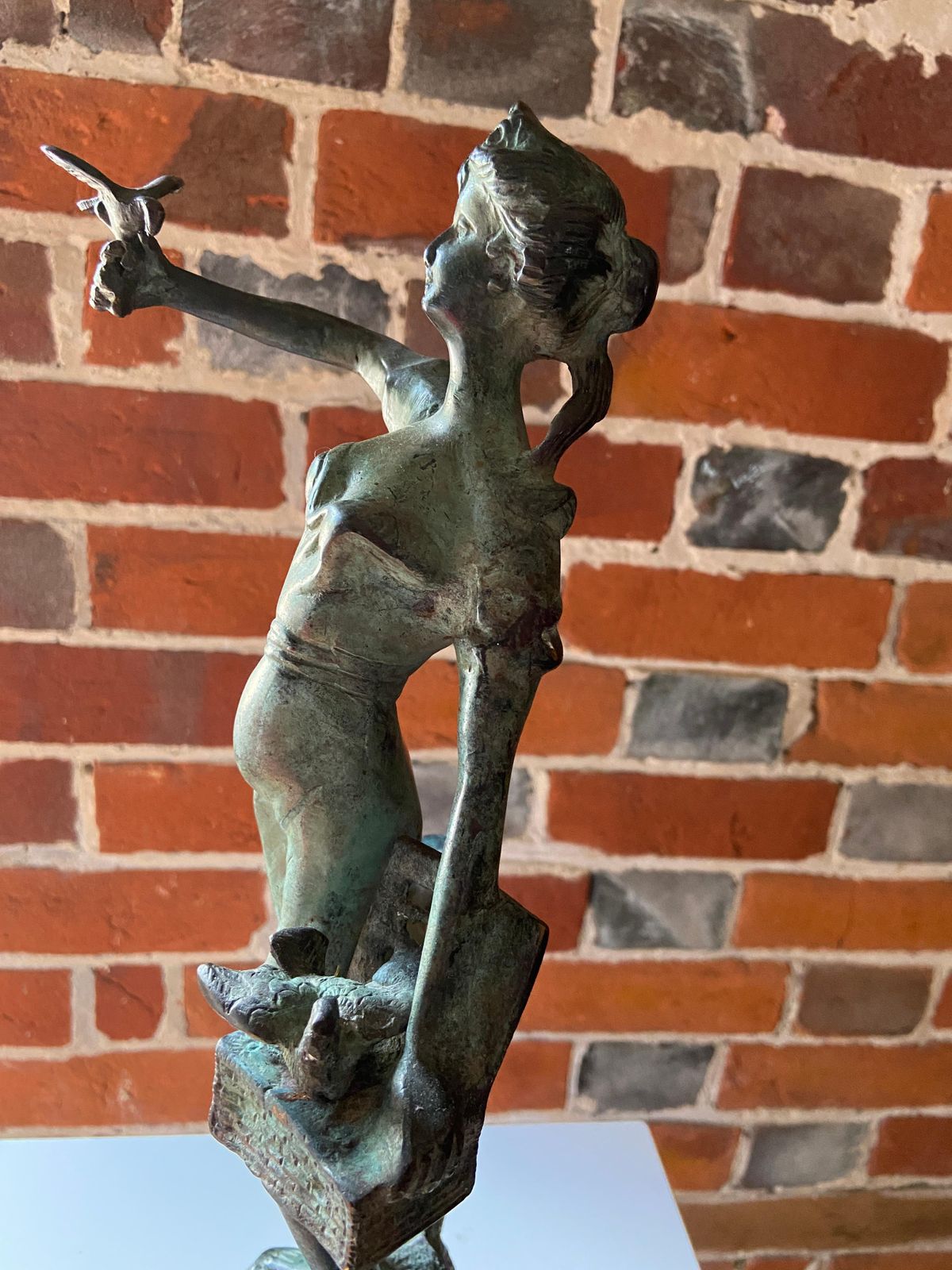 Mid Century Verdigris Bronze Figure Of A Girl Releasing Doves photo for sale