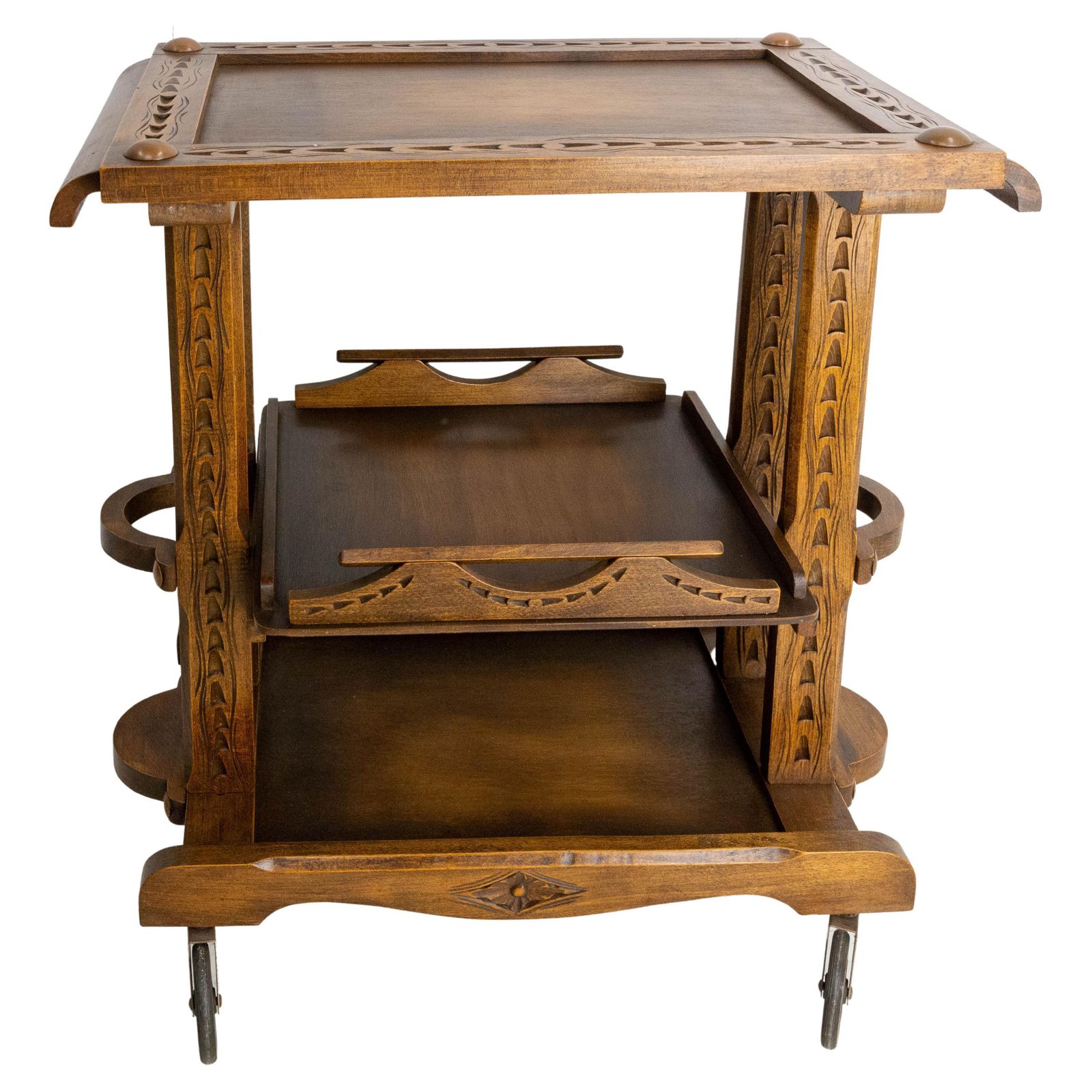 Poplar Cart Drinks Cocktail Table Trolley Three Trays On Wheels, France C. 1940