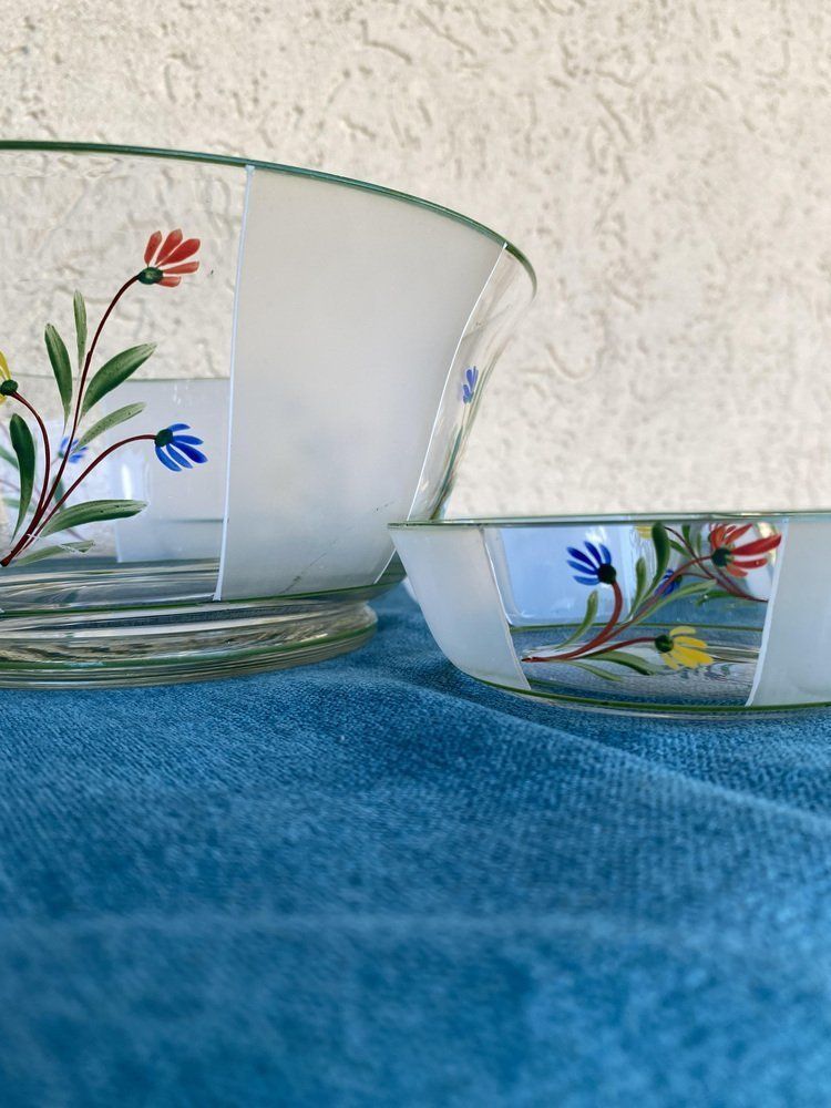 Hand Painted Flower Patterned Glass Bowls, Hungary, 1950s, Set Of 7 photo for sale