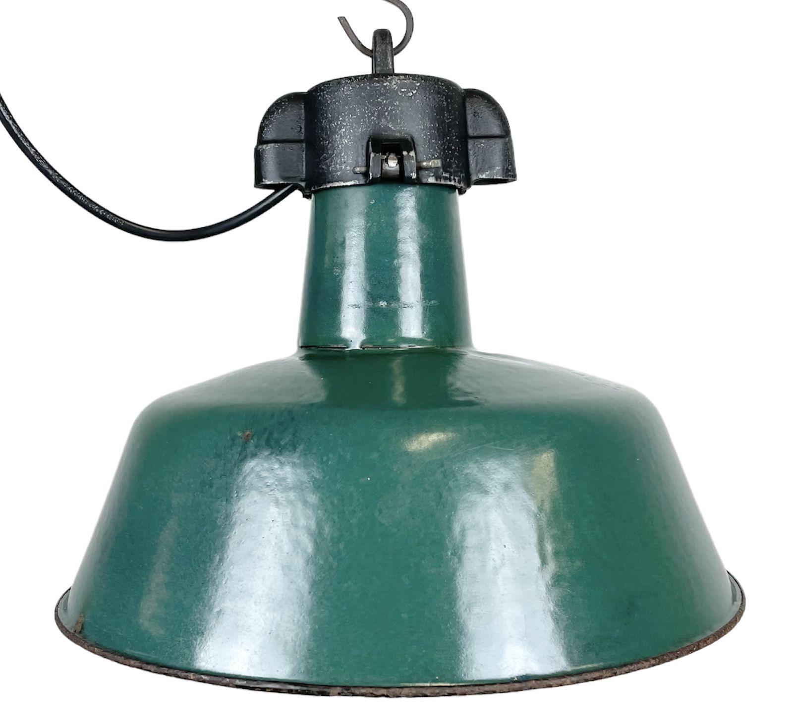 Industrial Green Enamel Factory Lamp With Cast Iron Top, 1960s, 6x