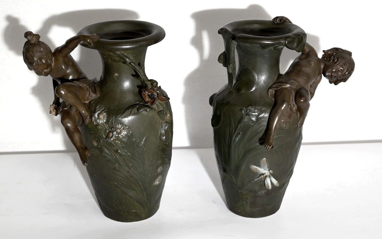 Pair Of Spelter Vases, A. Moreau – Late 19th Century