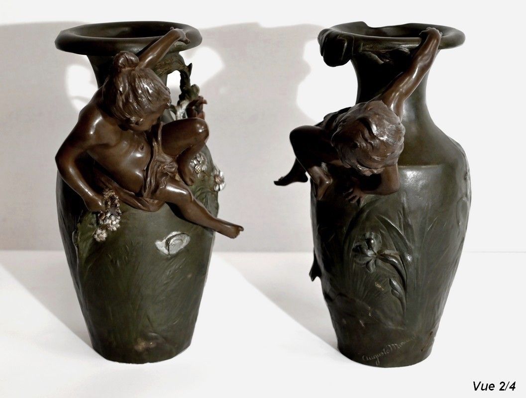 Home Decor Pair Of Spelter Vases, A. Moreau – Late 19th Century photo