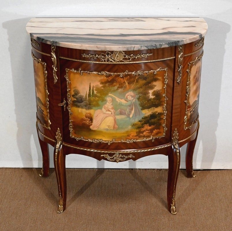 Mahogany Demi Lune Sideboard,Commode, Transition Louis XV / Louis XVI, 1st Part Of The 20th Century