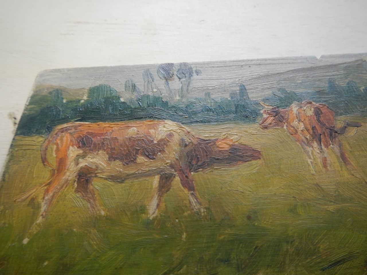 Oil Painting By Des Champs "Trees And Cow" photo for sale