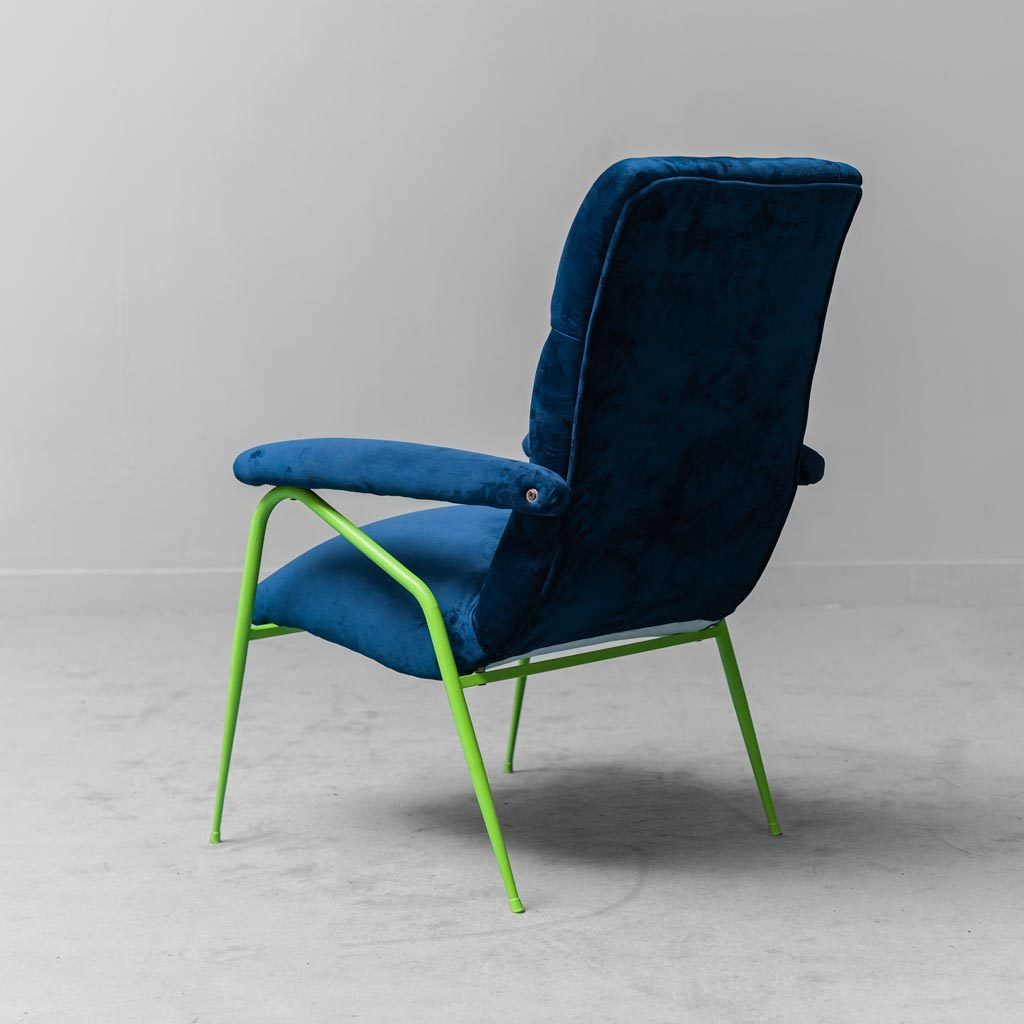 Modern Vintage 60s Blue Green Metal Velvet Armchair photo vinterior