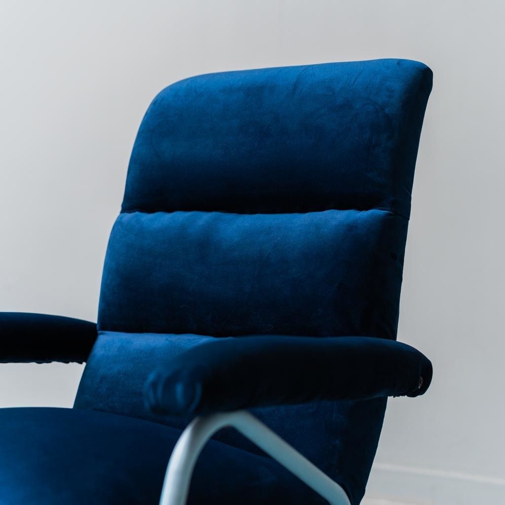 Vintage Modern 1960s Blue Metal Blue Velvet Armchair photo for sale