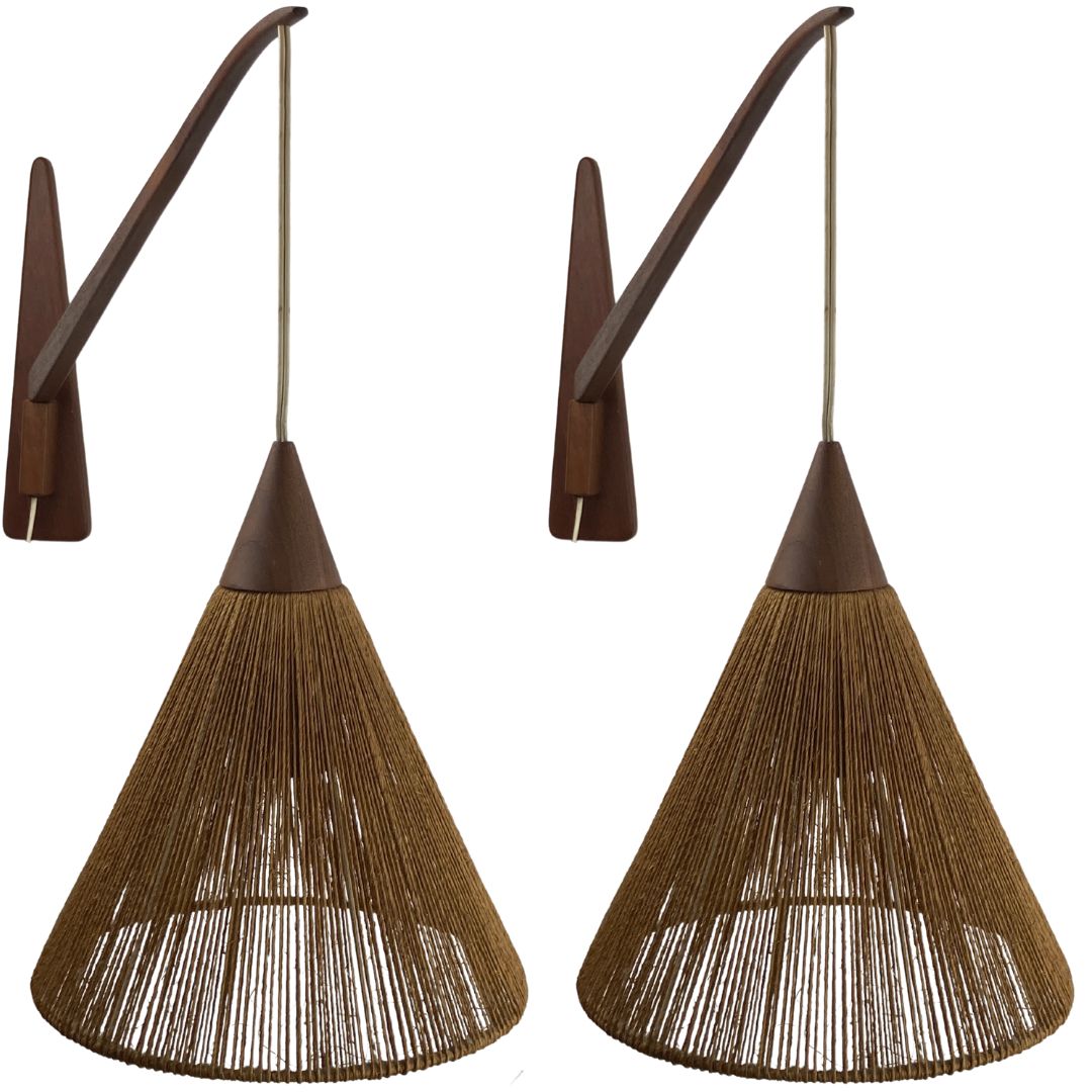 Pair Of Teak Sisal And Brass Arc Swing Wall Lamps By Temde, Switzerland 1960s photo furniture