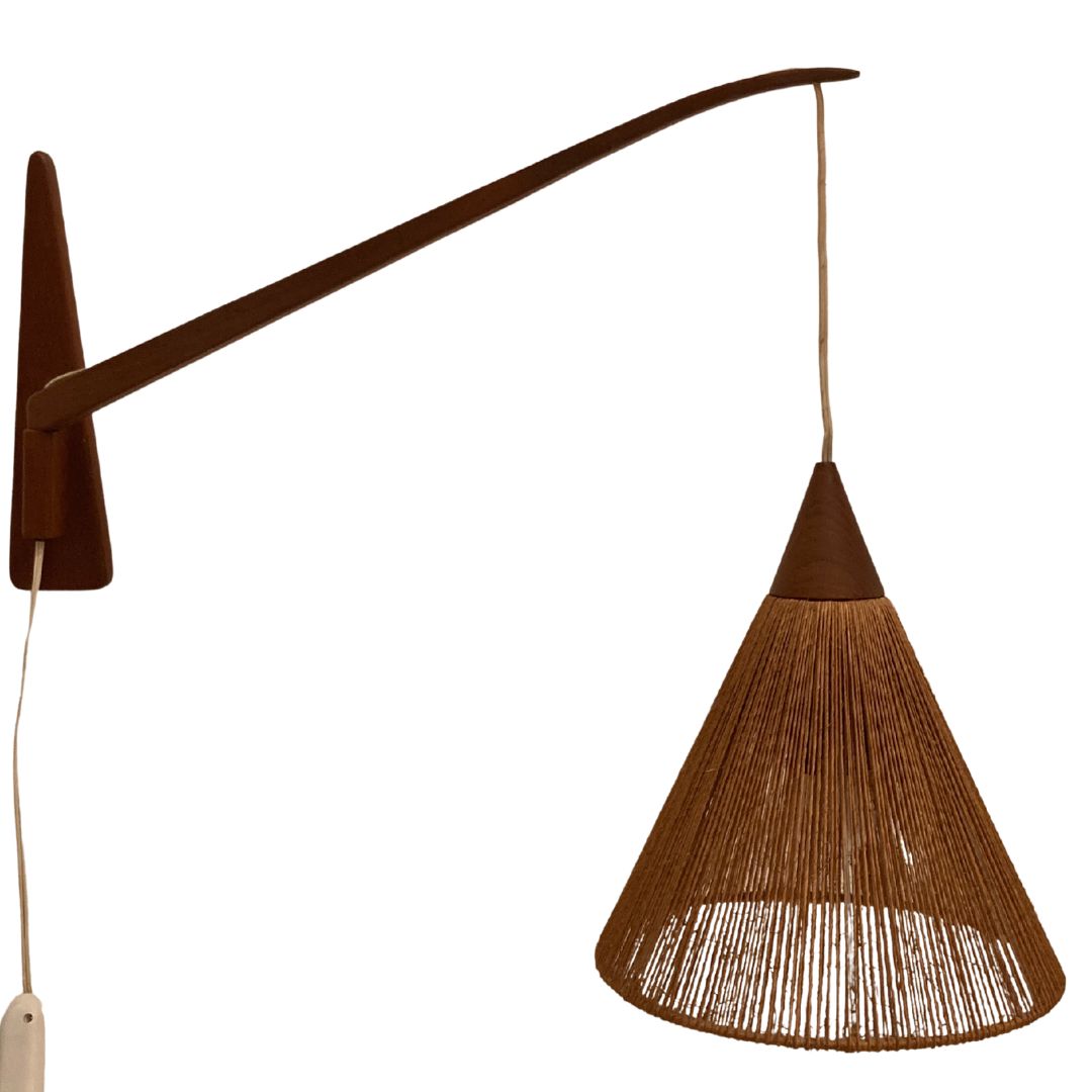 Pair Of Teak Sisal And Brass Arc Swing Wall Lamps By Temde, Switzerland 1960s photo Lighting
