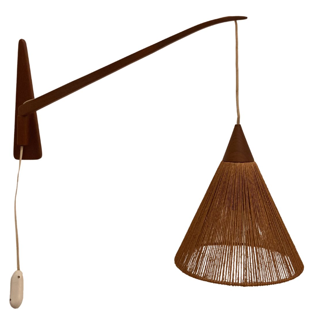 Pair Of Teak Sisal And Brass Arc Swing Wall Lamps By Temde, Switzerland 1960s photo vinterior