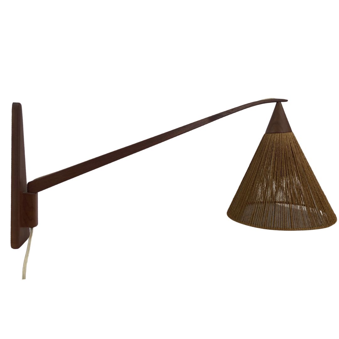 Pair Of Teak Sisal And Brass Arc Swing Wall Lamps By Temde, Switzerland 1960s photo vintage