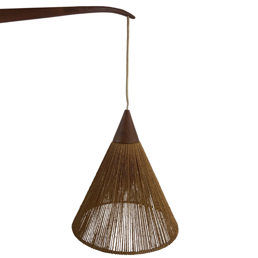 Lighting Pair Of Teak Sisal And Brass Arc Swing Wall Lamps By Temde, Switzerland 1960s photo