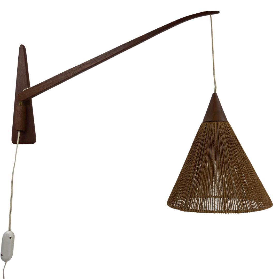 photo vinterior Pair Of Teak Sisal And Brass Arc Swing Wall Lamps By Temde, Switzerland 1960s