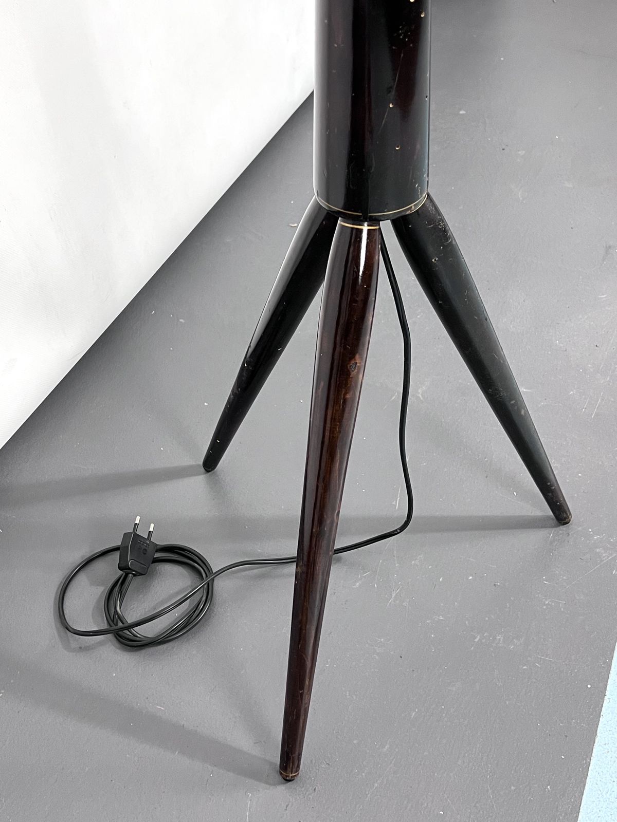 photo for sale Mid Century Modern Wood Tripod Floor Lamp. Italy 1950s