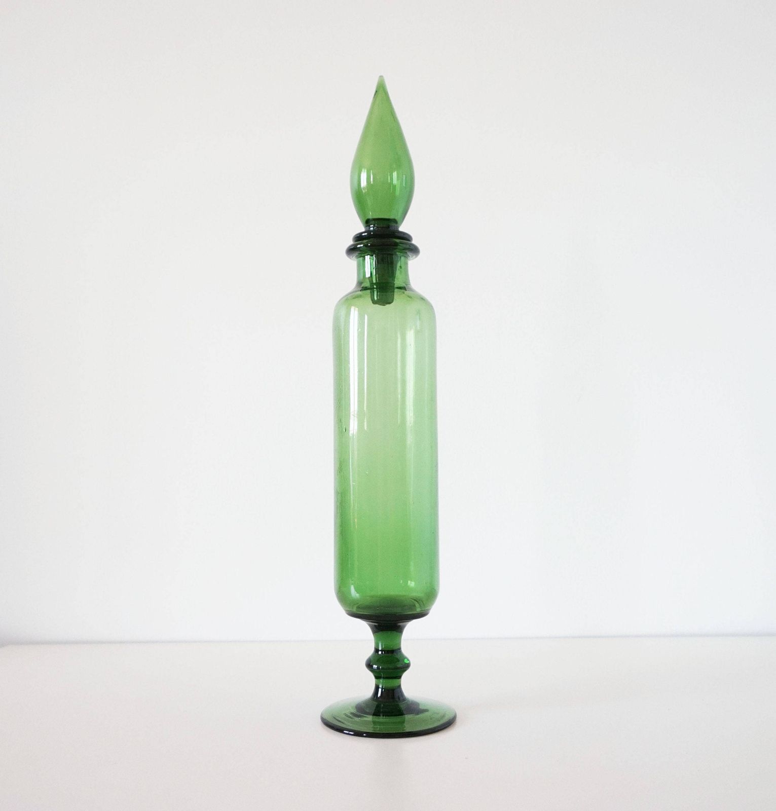 Vintage Italian Glassware, Bottle Or Decanter Made Of Green Blown Glass Empoli photo furniture