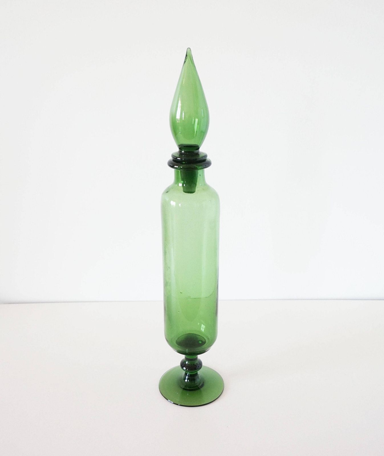 Vintage Italian Glassware, Bottle Or Decanter Made Of Green Blown Glass Empoli photo Home Decor