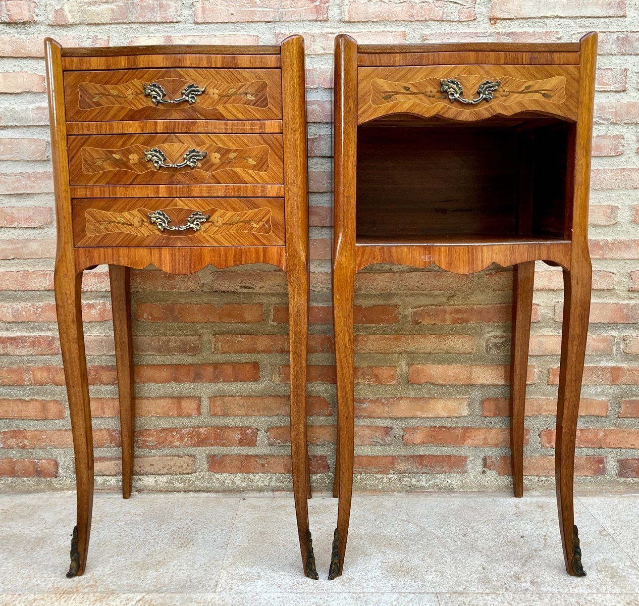 Vintage French Bedside Tables In Marquetry And Bronze Hardware, 1920, Set Of 2
