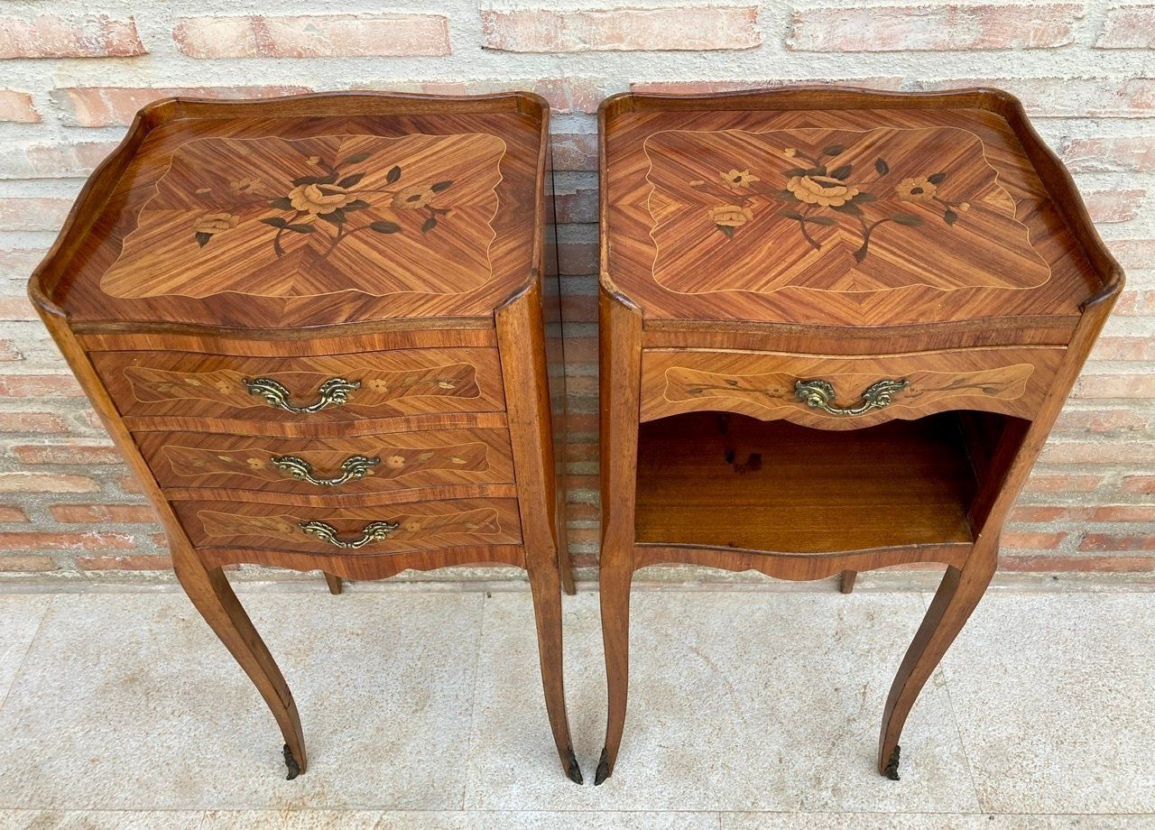 2994.0 Vintage French Bedside Tables In Marquetry And Bronze Hardware, 1920, Set Of 2 photo