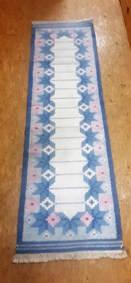 Long Swedish Blue & White Röllakan Rug By Elsa Ekholm, 1950s