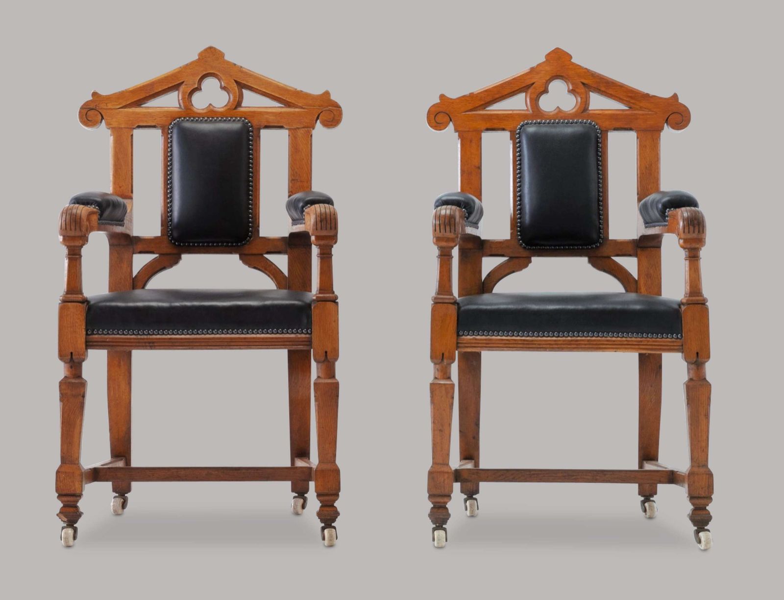 An Unusual C19th Pair Of Golden Oak And Leather Open Armchairs photo furniture