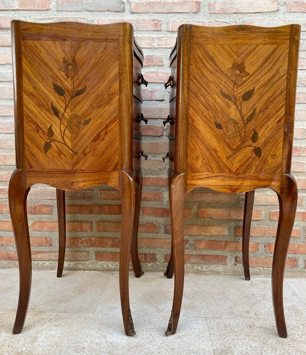 photo furniture French Nightstands In Walnut With Flowers Marquetry And Bronze, 1940s, Set Of 2
