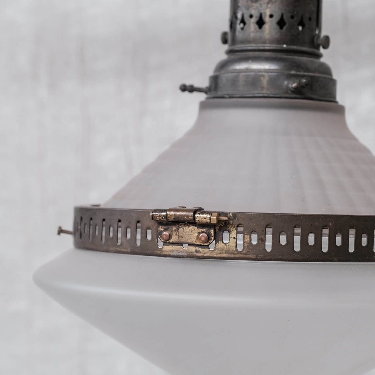 French Conical Glass And Brass Antique Pendant Light photo vinterior