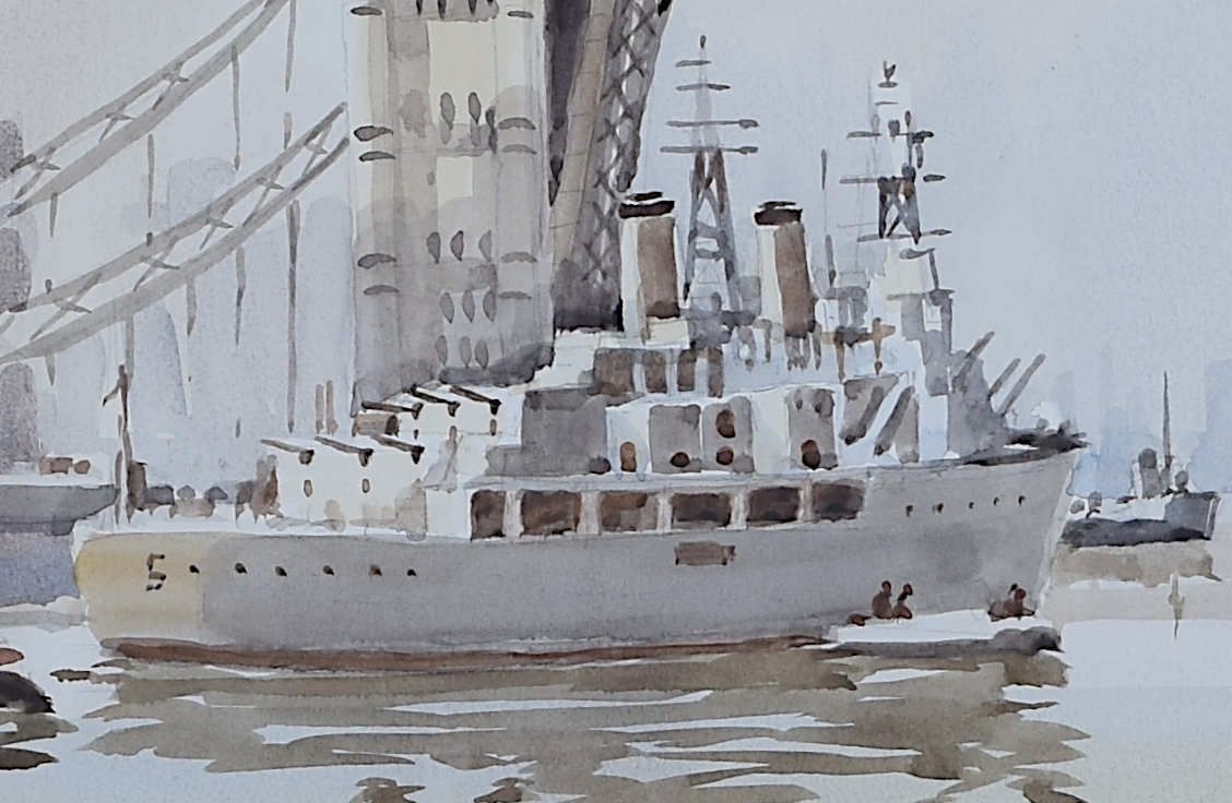 Sydney Vale: ‘Hms Belfast Passing Under Tower Bridge’ Watercolour photo for sale