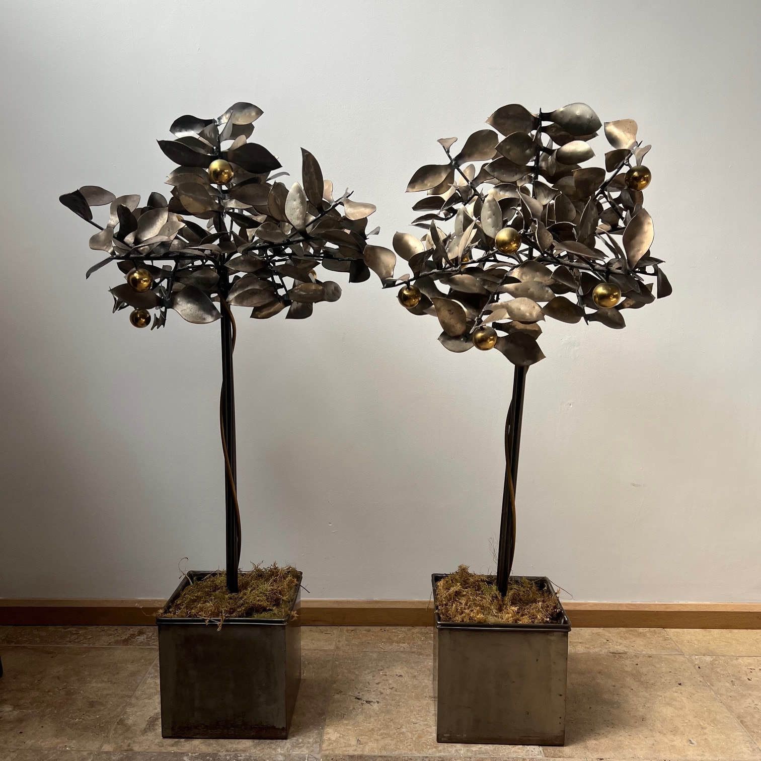 Pair Of Blacksmith Made Mid Century Steel Decorative Trees