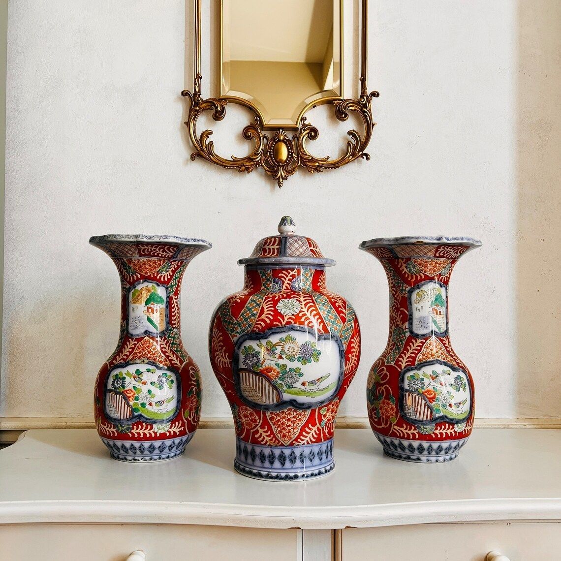 Petrus Regout Maastricht Large Antique Handpainted Three Piece Chinese Imari Style Garniture  Cabinet Vases Set
