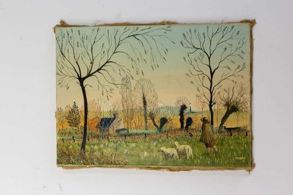 Peinture à l'huile « Maison Dans Les Arbres » huile sur toile signée Laurent Pradat 1976 photo furniture
