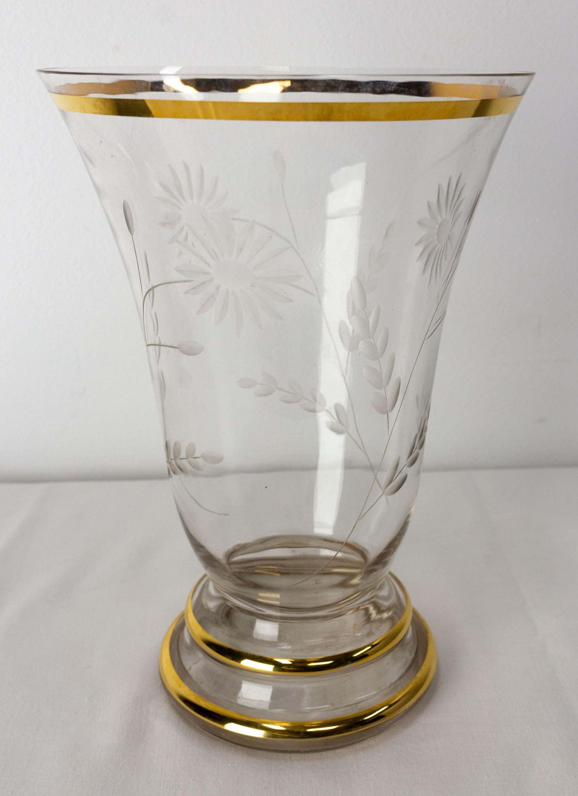 French Vase Glass Golden Neck And Base, Flowers Engraved, Circa 1960 photo for sale