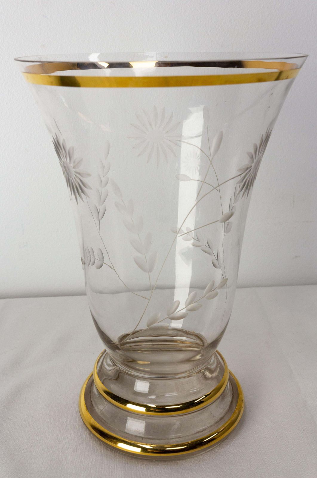 French Vase Glass Golden Neck And Base, Flowers Engraved, Circa 1960 photo 295.8