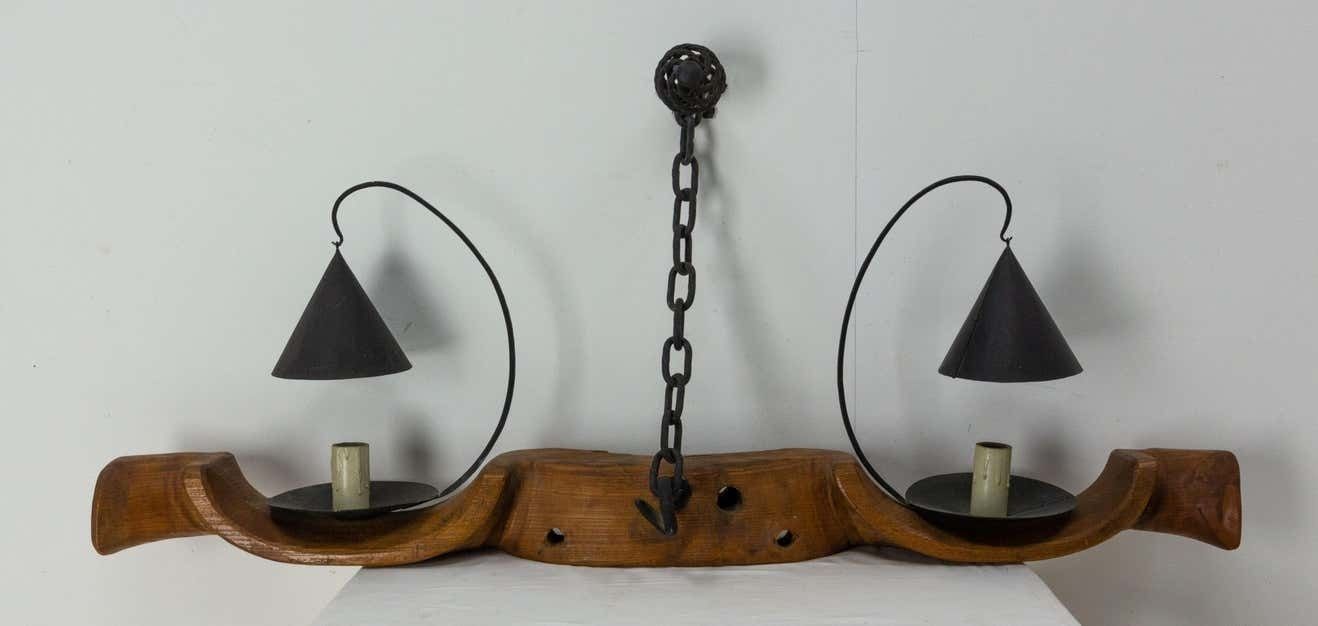 photo for sale French Pair Of Sconces Yoke Elm And Iron Double Lamps Mid Century