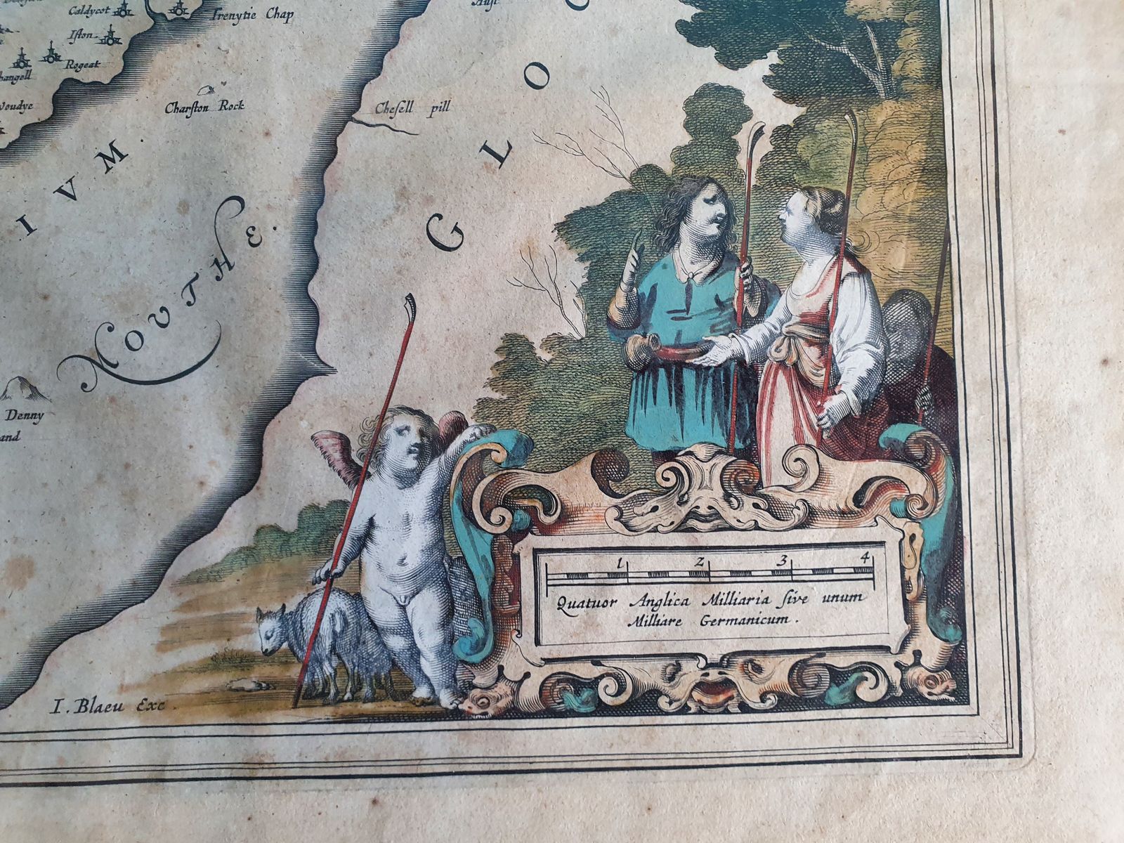 17th Century Hand Coloured Map Of Monmouth Shire photo for sale