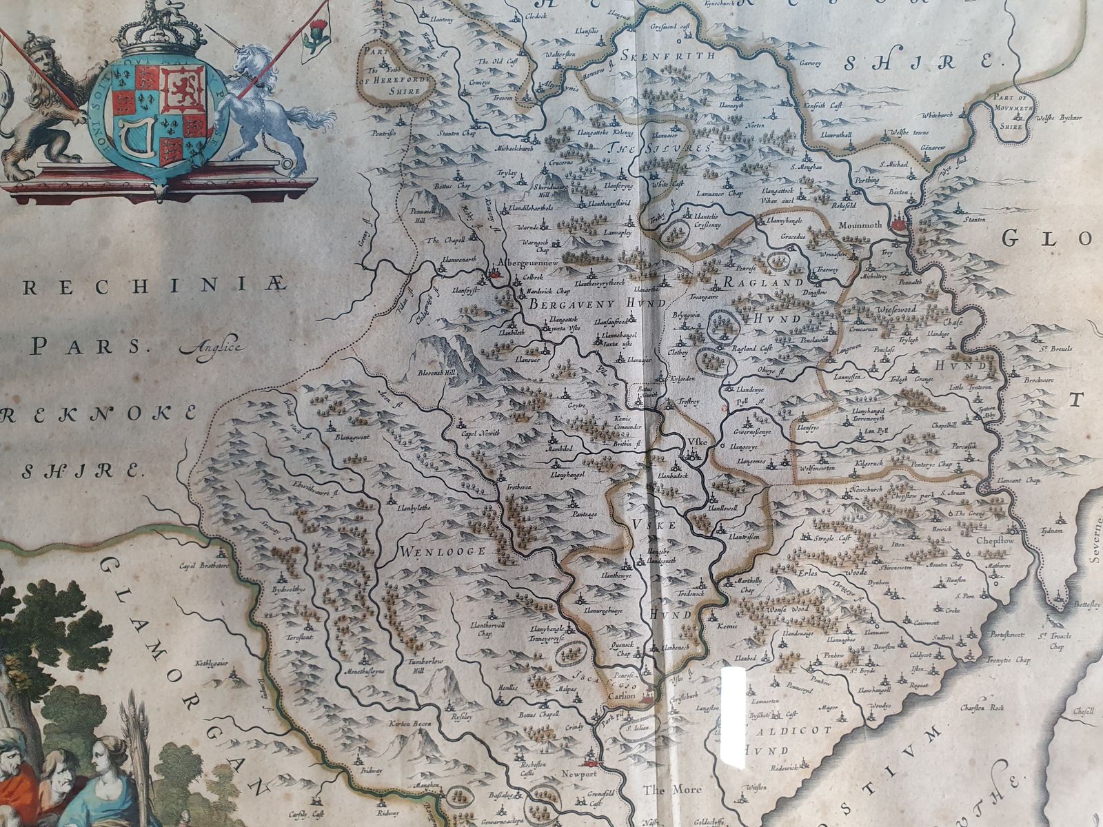 17th Century Hand Coloured Map Of Monmouth Shire photo 245.0