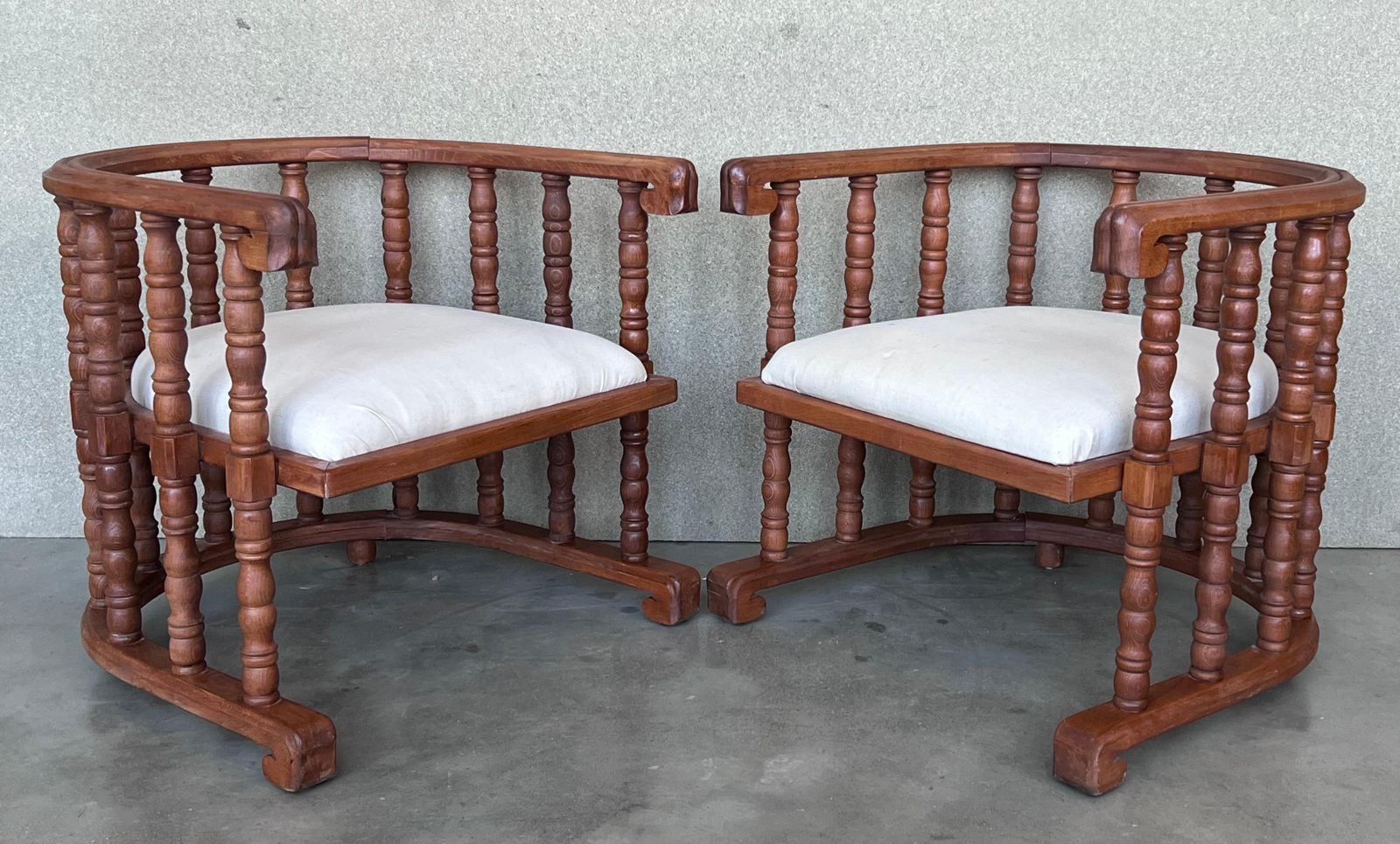 Pair Of Spanish Slatted Barrel Back Hand Carved Chairs photo for sale
